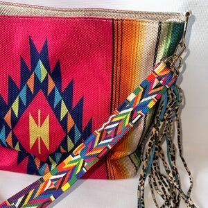 Bright Southwest boho Aztec crossbody bag with zipper closure and tassels
